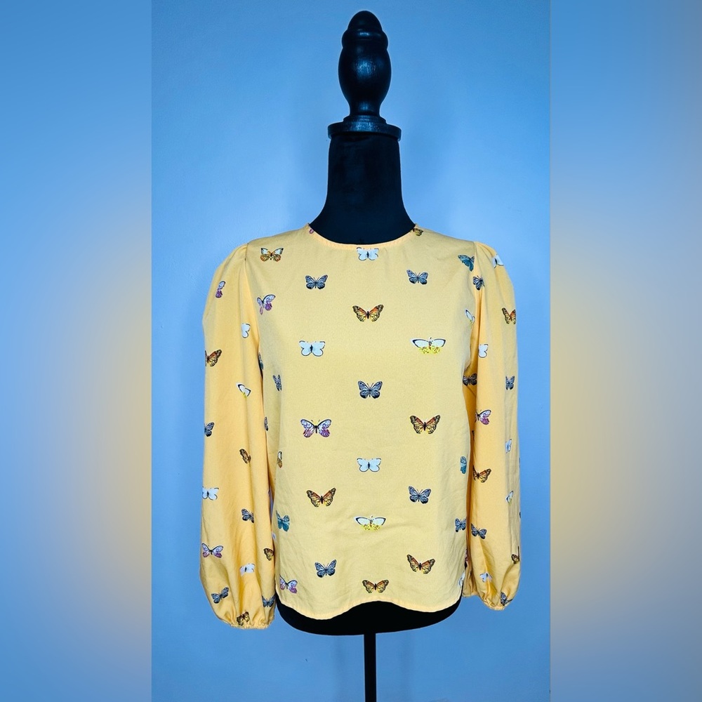 Shein Women's Long Sleeve Yellow Blouse w/ Multiple Butterflies & Button Up .